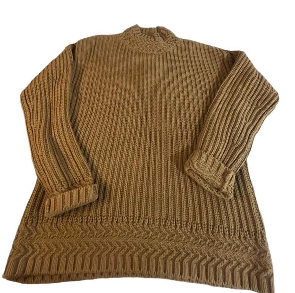 LL Bean Signature Sweater Size M REG Brown Organic Cotton Rib Knit Mock Neck